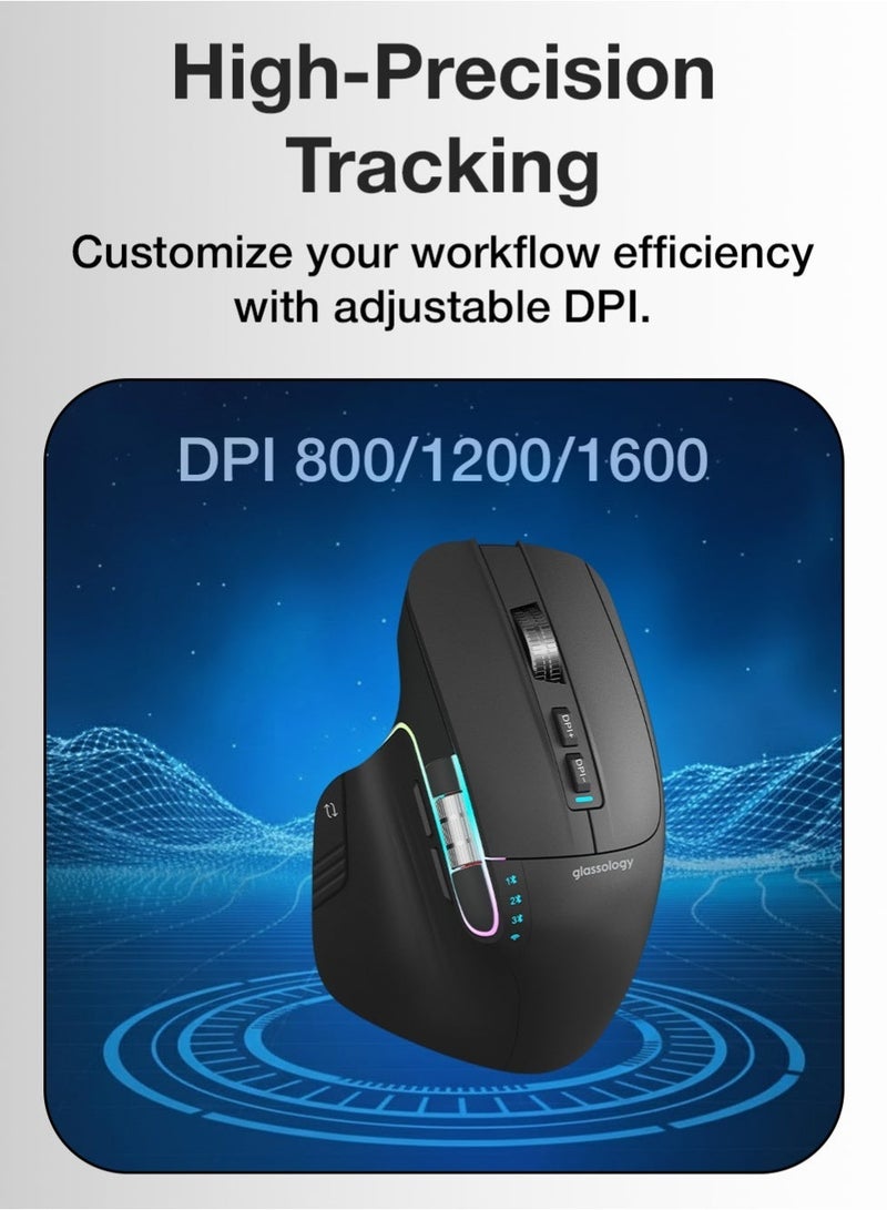 glassology Ergonomic Wireless Mouse Bluetooth 5.0 & 2.4GHz, 800/1200/1600 DPI Rechargeable Gaming Mouse, 8 Programmable Buttons, 4 Device Pairing, RGB Lights, Silent Click, Type-C, for PC Laptop Mac - Image 5