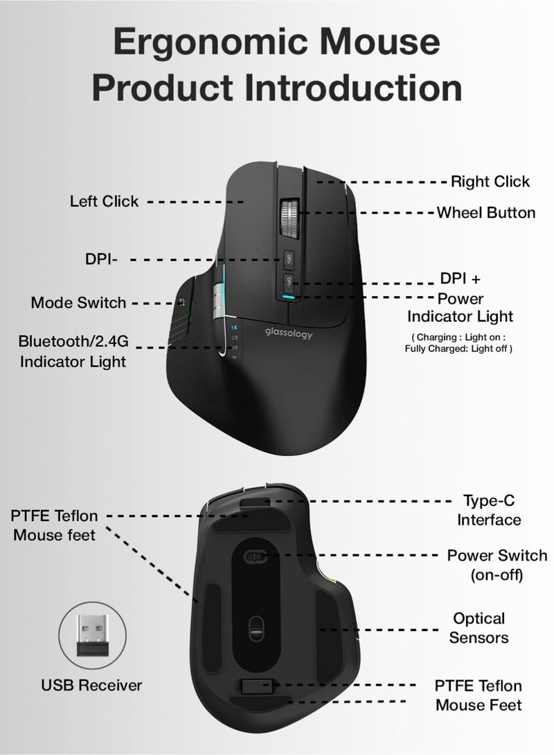 glassology Ergonomic Wireless Mouse Bluetooth 5.0 & 2.4GHz, 800/1200/1600 DPI Rechargeable Gaming Mouse, 8 Programmable Buttons, 4 Device Pairing, RGB Lights, Silent Click, Type-C, for PC Laptop Mac - Image 3
