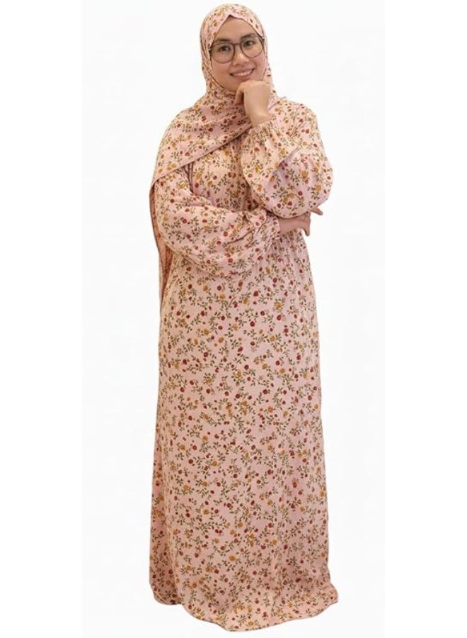 AMYAE Prayer Dress for Women One-Piece | Islamic Full Prayer Outfit with Long Sleeves & Attached Scarf | Cotton Soft Breathable Jilbab Abaya | Namaz & Salah Wear | Umrah Essential | Available in Light Colors & Different Multicolor Designs - Image 1