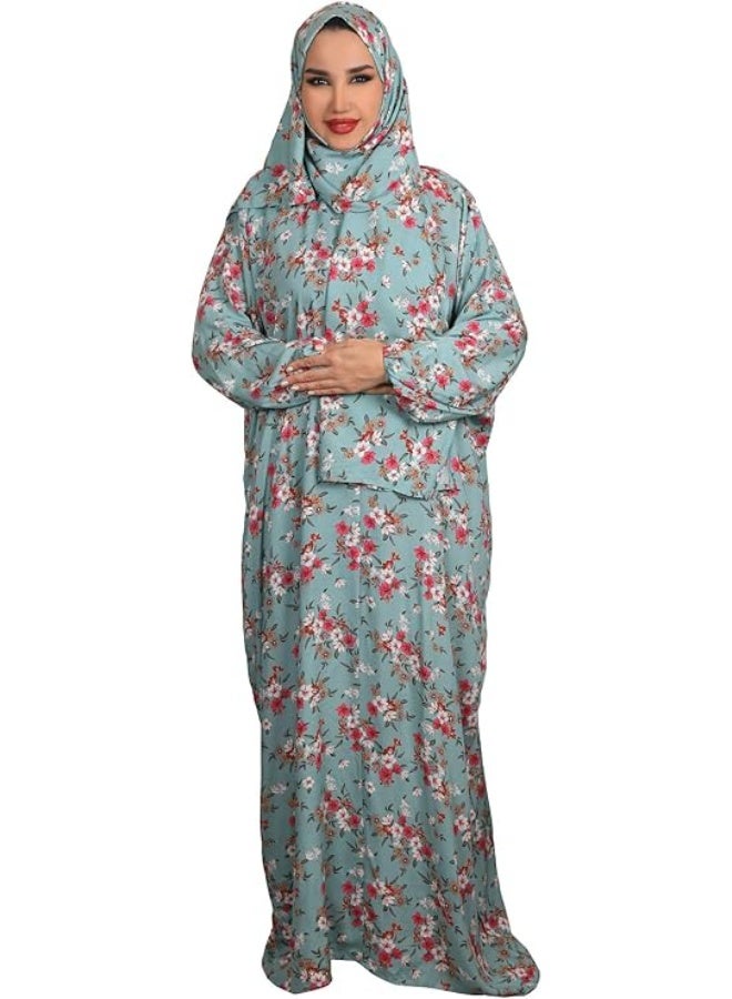 AMYAE Prayer Dress for Women One-Piece | Islamic Full Prayer Outfit with Long Sleeves & Attached Scarf | Cotton Soft Breathable Jilbab Abaya | Namaz & Salah Wear | Umrah Essential | Available in Light Colors & Different Multicolor Designs - Image 2