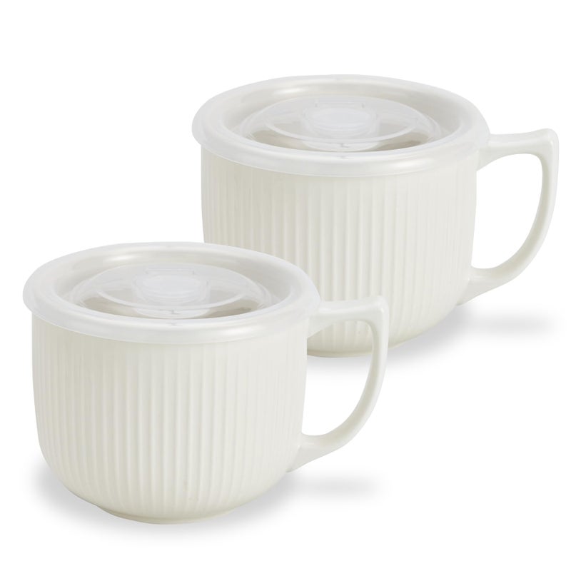Hoilse Ceramic Soup Bowl with Handle 32oz â€“ Microwave Ramen Bowl with Lid, Soup Mugs & Cups for Cereal, Oatmeal, Ramen, Instant Noodle, Soup Container with Lid - Set of 2 (White) - Image 1