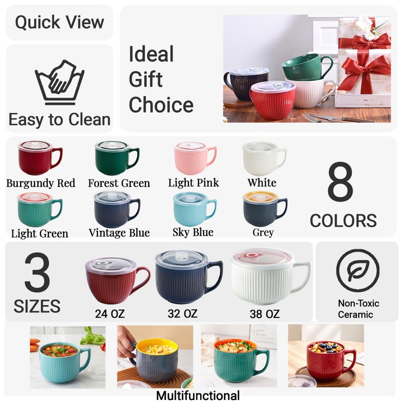 Hoilse Ceramic Soup Bowl with Handle 32oz â€“ Microwave Ramen Bowl with Lid, Soup Mugs & Cups for Cereal, Oatmeal, Ramen, Instant Noodle, Soup Container with Lid - Set of 2 (White) - Image 4