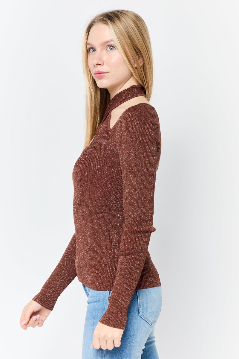 Asos Design Women Crisscross Metallic Sweater, Brown - Image 3