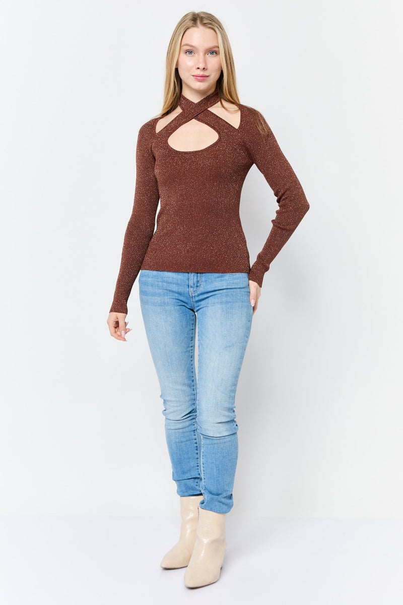 Asos Design Women Crisscross Metallic Sweater, Brown - Image 2