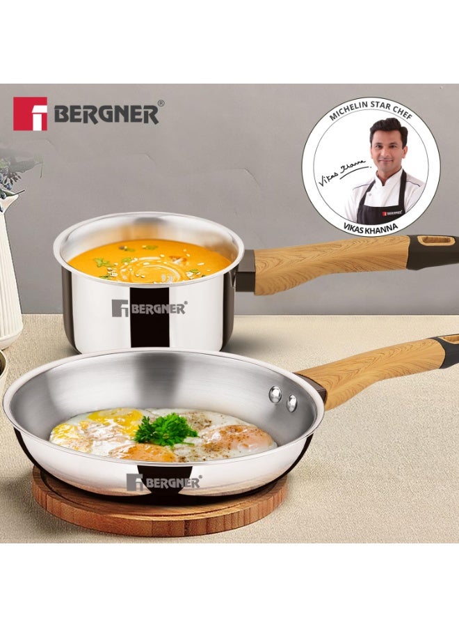 بيرجنر طقم أواني طهي BERGNER TriPro المصنوع من الفولاذ المقاوم للصدأ ثلاثي الطبقات، قطعتان - مقلاة 22 سم، قدر 14 سم (1.2 لتر)، مقبض خشبي ناعم الملمس، استخدام أقل للزيت، طهي صحي، سهل التنظيف - مناسب لمواقد الحث والغاز - Image 4