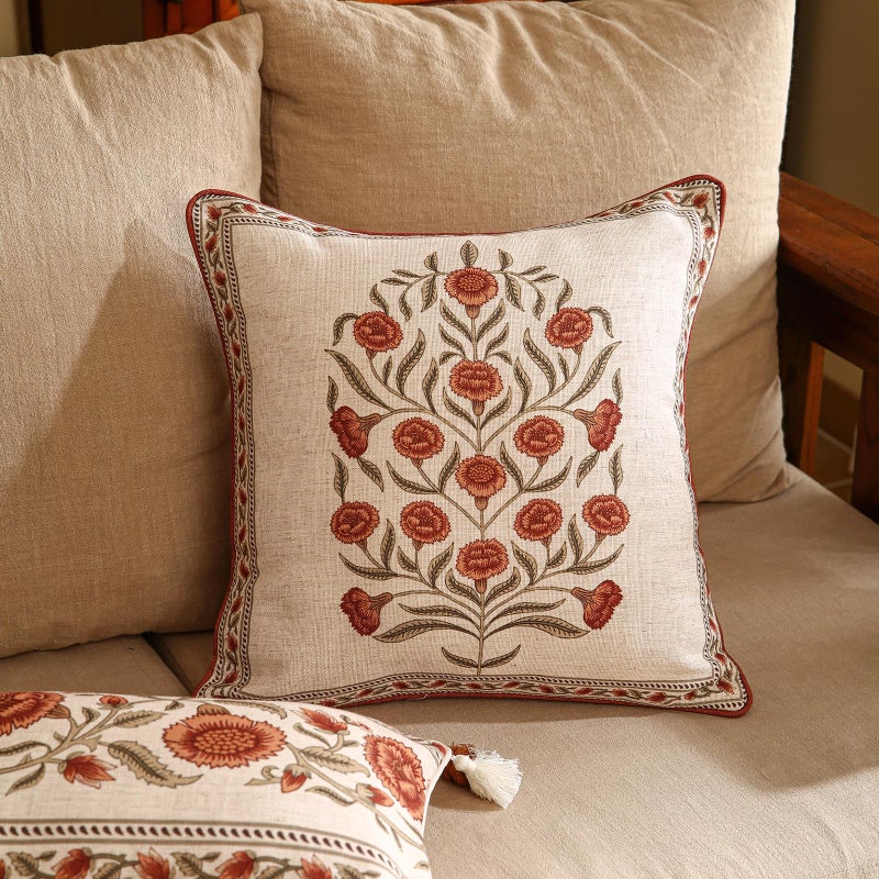 ISAENNE Design Linen Square Vintage Throw Pillow Covers 18"x18" Pack of 2, Brick Red Cushion Covers with Orange Floral Green Leaves Pattern Decoration Pillowcases for Bed,Living Room,Outdoor,Car - Image 2