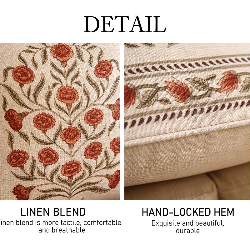 ISAENNE Design Linen Square Vintage Throw Pillow Covers 18"x18" Pack of 2, Brick Red Cushion Covers with Orange Floral Green Leaves Pattern Decoration Pillowcases for Bed,Living Room,Outdoor,Car - Image 4