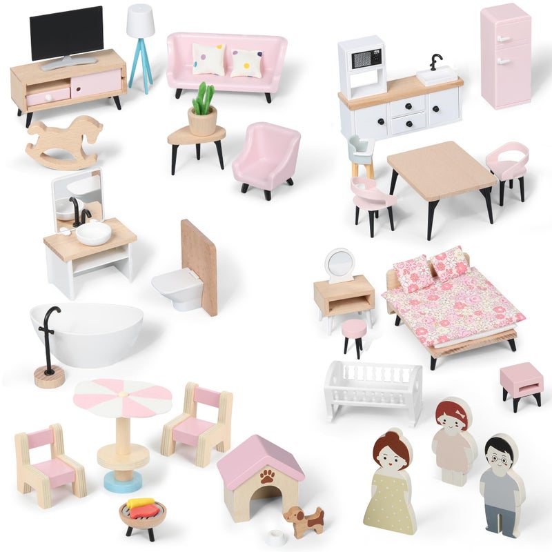 Pithfor Wooden Dollhouse Furniture Set Dollhouse Accessories and Furniture with 7 Rooms 3 Dolls Includes Patio Set  Dog Set Doll House Furniture Toys Gift for Kids Boys Girls - Image 3