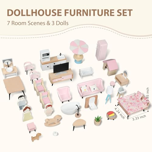 Pithfor Wooden Dollhouse Furniture Set Dollhouse Accessories and Furniture with 7 Rooms 3 Dolls Includes Patio Set  Dog Set Doll House Furniture Toys Gift for Kids Boys Girls - Image 5