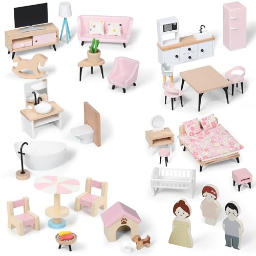 Pithfor Wooden Dollhouse Furniture Set Dollhouse Accessories and Furniture with 7 Rooms 3 Dolls Includes Patio Set  Dog Set Doll House Furniture Toys Gift for Kids Boys Girls - Image 1