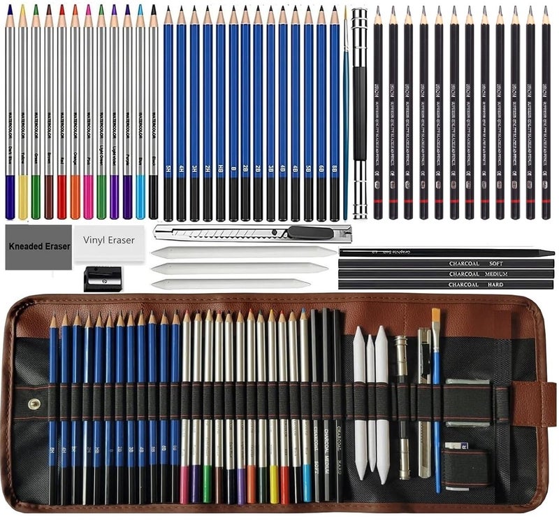 Corslet 51 Pc Sketch Pencil Set Drawing Kit Sketch Kit Drawing Pencils Charcoal Pencils for Artists Watercolor Colour Pencils Shading Pencils Set Blending Stumps Sketching Kit Artist Art Supplies