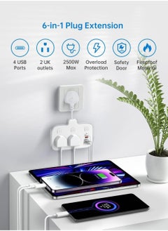 KASTWAVE Multi Plug Extension With USB 2 Way Extension Lead Power Socket Plug With 4 USB D Fast Charger Total 20W Max 2500W Multi Wall power Adaptor 6 in 1 for Home Office Kitchen Travel  - Image 2