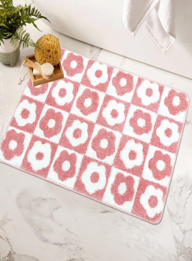 Homantic Pink Bathroom Rugs Checkered Rug Super Soft Cute Bath Mat for Bathroom Flower Decor Non Slip Bathmat Absorbent Microfiber Floral Mat 20X32 Inches - Image 1