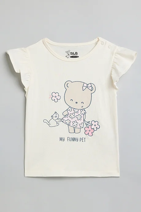 أر أند بي Printed Top with Crew Neck and Flutter Sleeves
