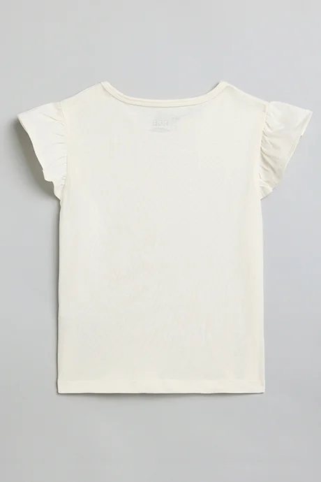 أر أند بي Printed Top with Crew Neck and Flutter Sleeves