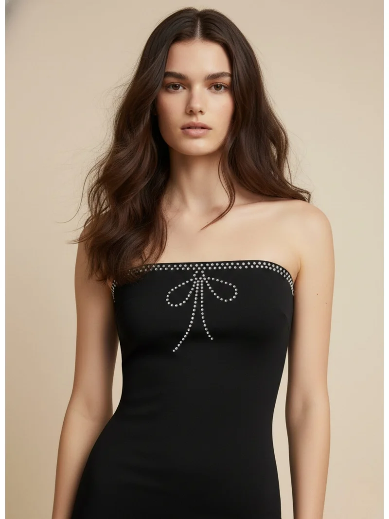 Outzidr  Black Strapless Studded Bow Detailed Dress for Women | Best Price UAE