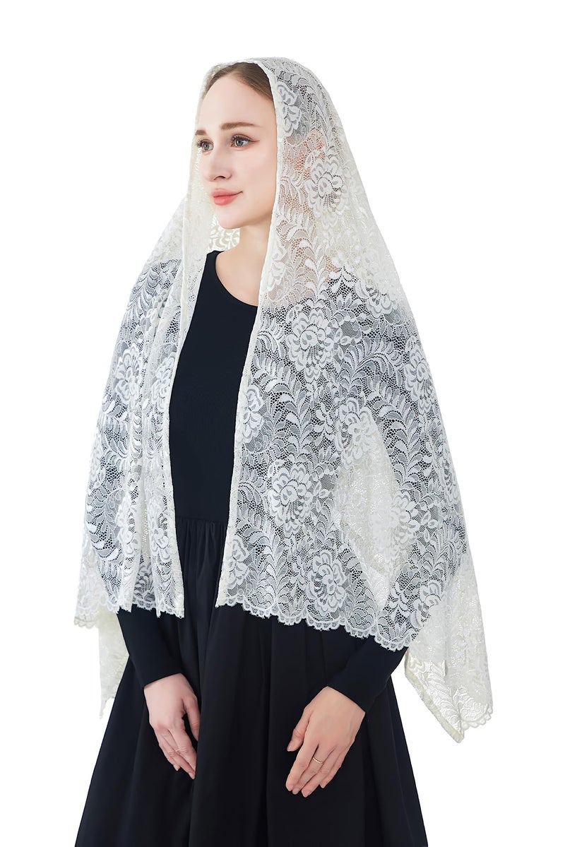 Wgior Elegant Floral Catholic Church Veil, Soft Mantilla Chapel Prayer Scarf Wrap Shawl Headscarf (Ivory) - Image 3