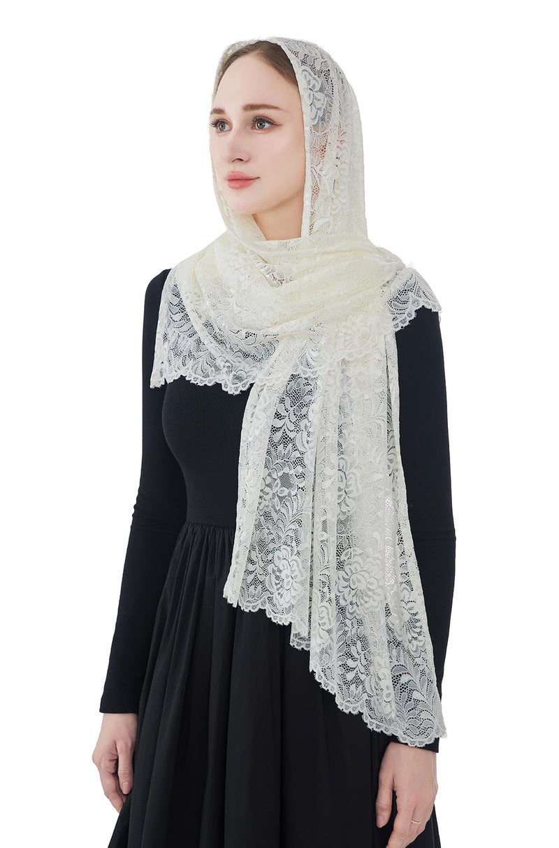 Wgior Elegant Floral Catholic Church Veil, Soft Mantilla Chapel Prayer Scarf Wrap Shawl Headscarf (Ivory) - Image 1