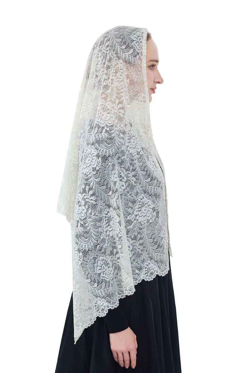Wgior Elegant Floral Catholic Church Veil, Soft Mantilla Chapel Prayer Scarf Wrap Shawl Headscarf (Ivory) - Image 5