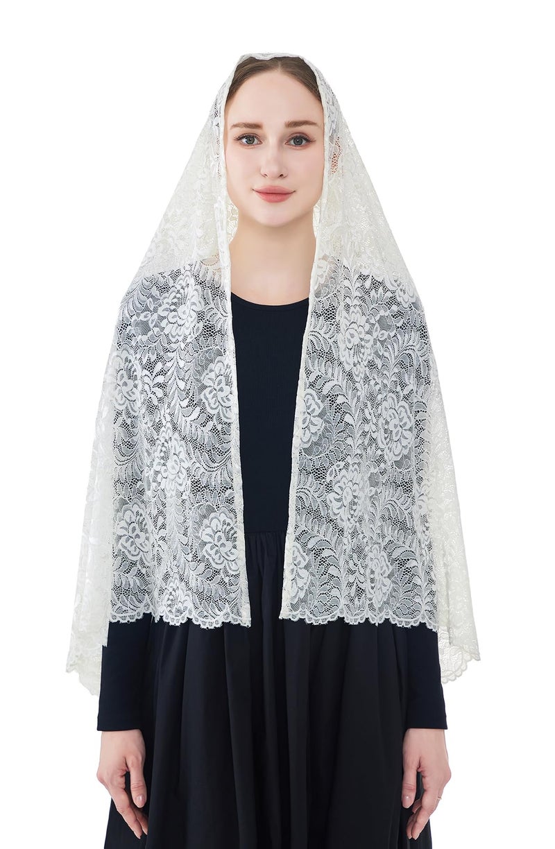 Wgior Elegant Floral Catholic Church Veil, Soft Mantilla Chapel Prayer Scarf Wrap Shawl Headscarf (Ivory) - Image 2