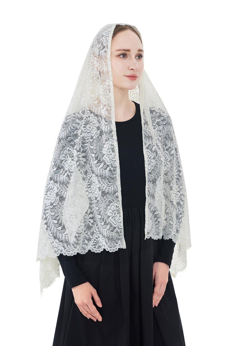 Wgior Elegant Floral Catholic Church Veil, Soft Mantilla Chapel Prayer Scarf Wrap Shawl Headscarf (Ivory) - Image 4