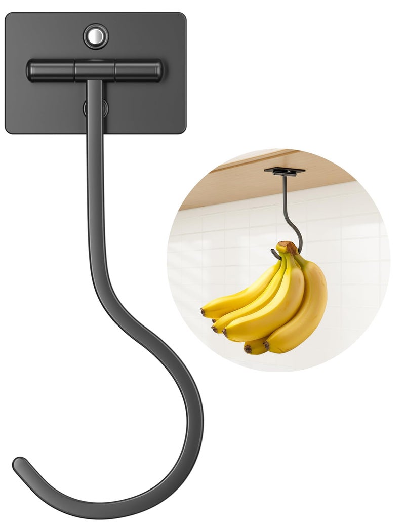 bussdis Adhesive Banana Hanger Under Cabinet - No Drilling Banana Hook with Strong Adhesive, Foldable & Magnetic, Space Saving Banana Holder for Kitchen, Holds up to 13 lbs, Black - Image 1
