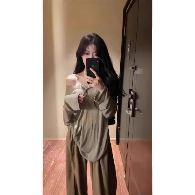 [Original fabric] Summer thin pure wind long sleeve sunscreen T-shirt womens lazy wind loose V-neck blouse top Green - Image 5