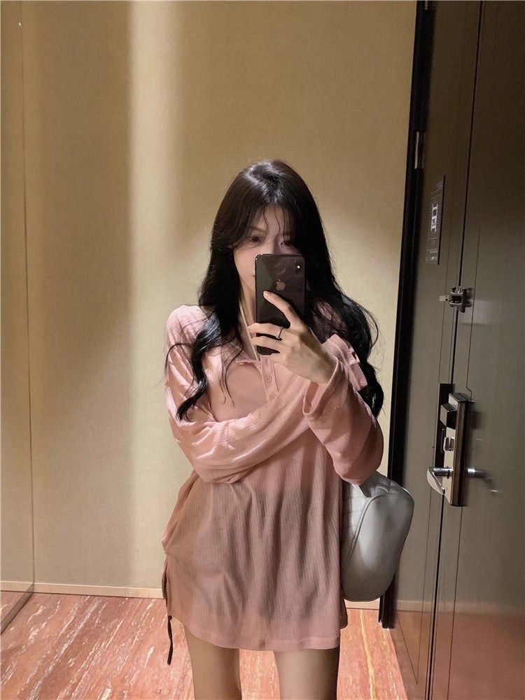 [Original fabric] Summer thin pure wind long sleeve sunscreen T-shirt womens lazy wind loose V-neck blouse top Green - Image 2