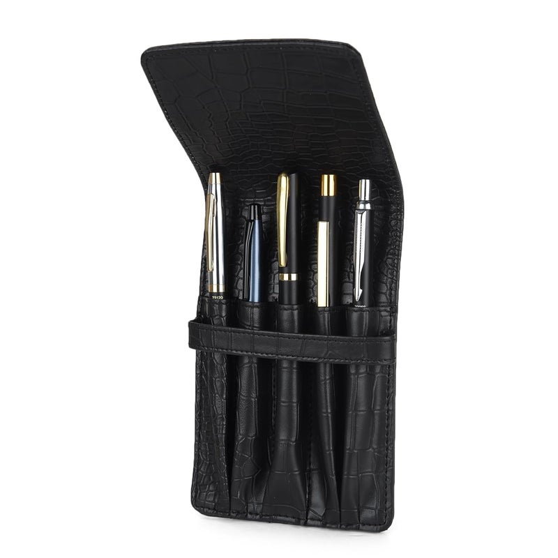 THE CASE PU Leather Pen Case for 5 Pens for MONTBLAC Pen, PELIKAN Pen, TWSBI Pen, Cross Pen, Sailor Pen, Pilot Pen, Parker Pen, Colour Croco-Black (ST-PC-105) - Image 1