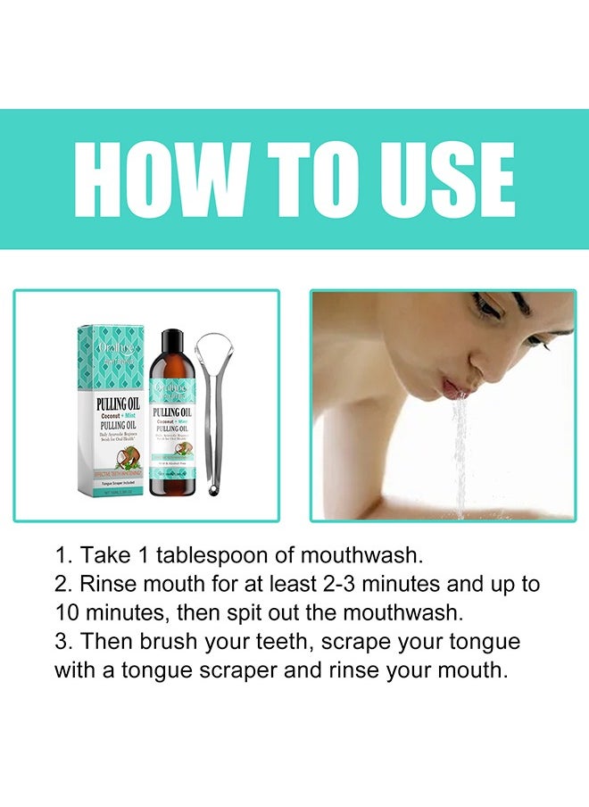ORALHOE - Coconut + Mint Pulling Oil -  Fresh Breath Teeth Whitening Mint Pulling Mouthwash Natural Essential Oil Mouthwash with Tongue Scraper 100ml - Image 1