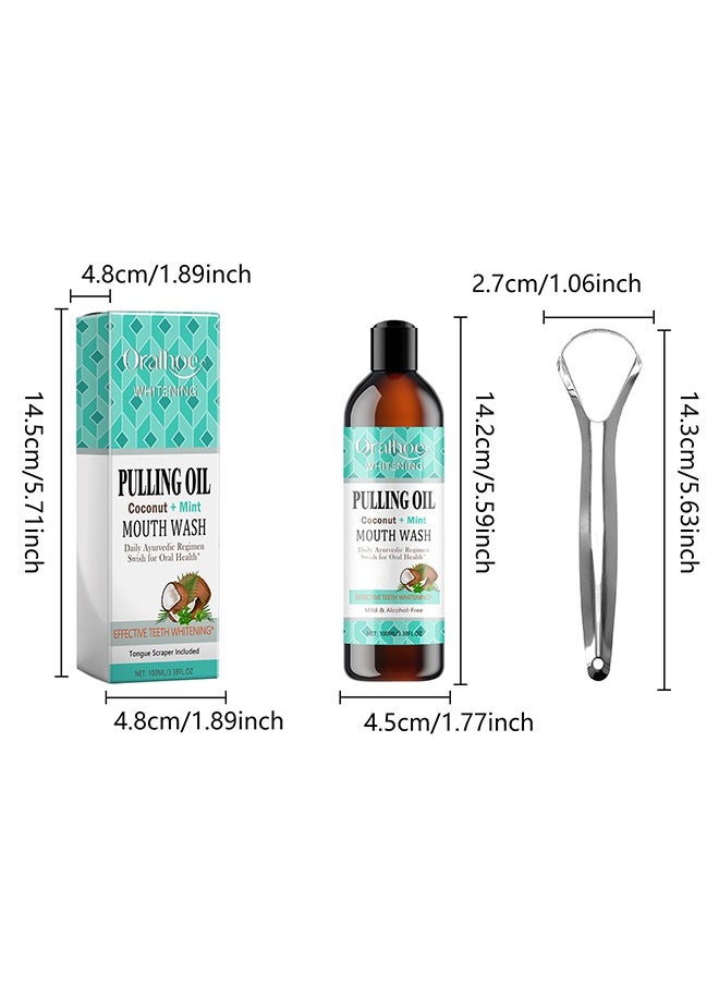 ORALHOE - Coconut + Mint Pulling Oil -  Fresh Breath Teeth Whitening Mint Pulling Mouthwash Natural Essential Oil Mouthwash with Tongue Scraper 100ml - Image 1