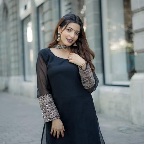 EthnicJunction Women's Georgette Sequine Lace Work Kurta Palazzo and Dupatta Set Black - Image 4