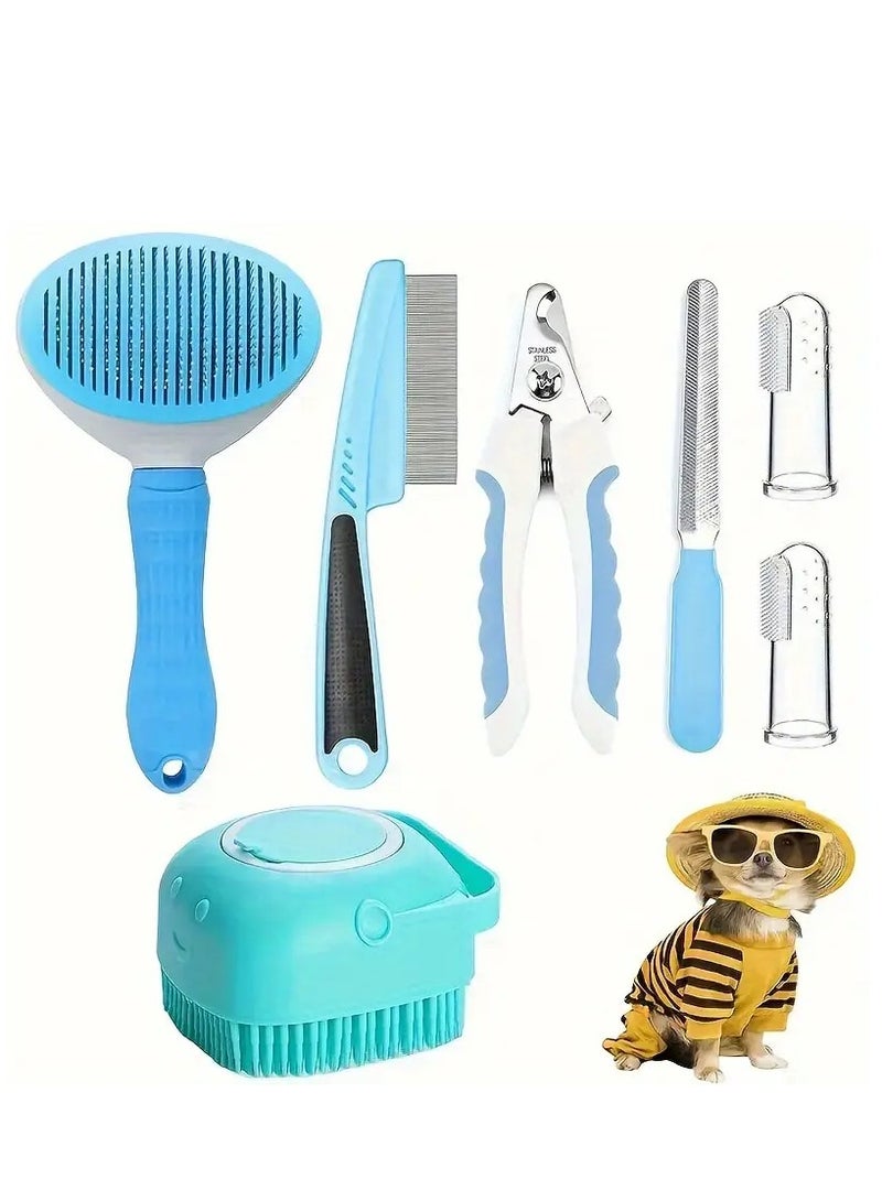 Generic 7 Pack Pet Grooming Set, Hair Removal Comb For Dog, Flea Comb, Dog Shampoo Brush, Pet Nail Clippers, Dog Toothbrush Set - Image 1