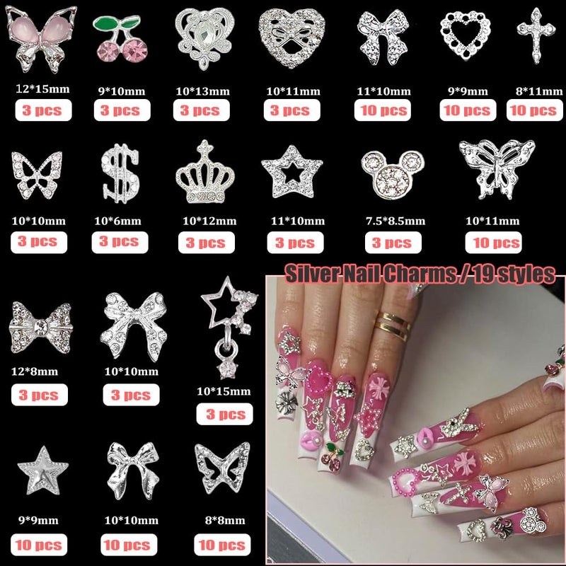 KACHIMOO 106 Pcs Nail Charms and Gems Silver Nail Charms Nail Rhinestones for Nails Design 3D Butterfly, Bow, Star,Cherry,Cross,Dollar,Heart Shapes for Acrylic Nails (19 Styles) - Image 2