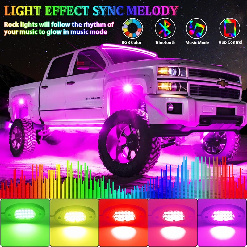 Fimker 4 Pods RGB LED Rock Lights, Underglow Multicolor Neon Light Kit, Wheel Well Light with APP Control & Music Mode, Under Glow Lights for Trucks,Jeep,SUV,Golf Cart,ATV,Pickup Off Road,12V - Image 2