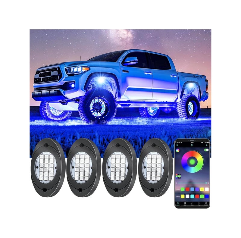 Fimker 4 Pods RGB LED Rock Lights, Underglow Multicolor Neon Light Kit, Wheel Well Light with APP Control & Music Mode, Under Glow Lights for Trucks,Jeep,SUV,Golf Cart,ATV,Pickup Off Road,12V - Image 1