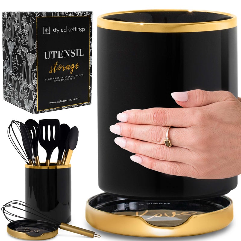 STYLED SETTINGS Black and Gold Utensil Holder with Built-in Spoon Rest - 2 PC Large Ceramic Utensil Holder Includes Black & Gold Spoon Rest - Luxury Kitchen Accessories - Utensils Not Included - Image 1