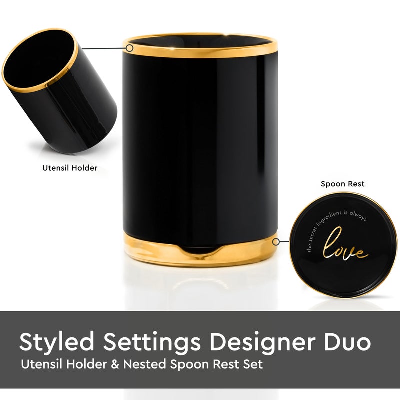 STYLED SETTINGS Black and Gold Utensil Holder with Built-in Spoon Rest - 2 PC Large Ceramic Utensil Holder Includes Black & Gold Spoon Rest - Luxury Kitchen Accessories - Utensils Not Included - Image 2