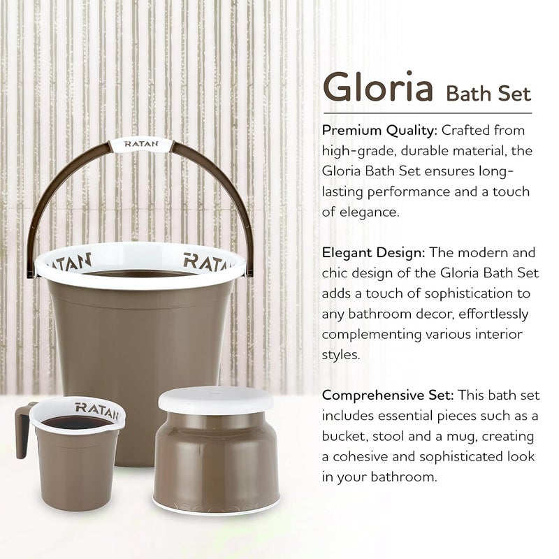 RATAN PLASTICWARE Plastic Bathroom Set of 5 Pieces Combo Pack Gloria Plain 25 Liters 2 Pieces Bucket Nova Stool Patla 107 Two Gloria Plain Bath Mug 15 Liters Color Light Brown - Image 4
