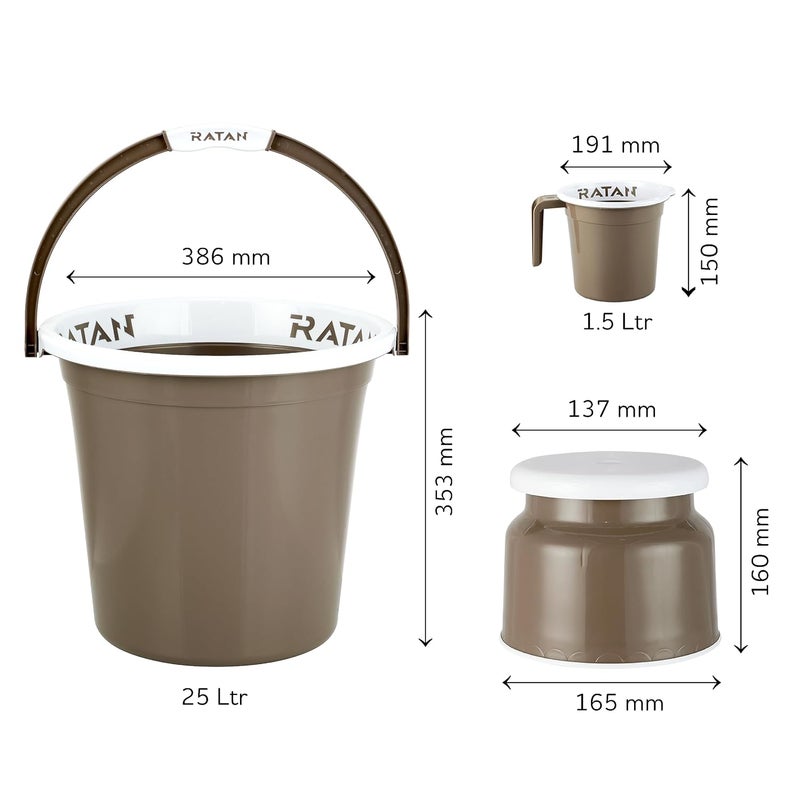 RATAN PLASTICWARE Plastic Bathroom Set of 5 Pieces Combo Pack Gloria Plain 25 Liters 2 Pieces Bucket Nova Stool Patla 107 Two Gloria Plain Bath Mug 15 Liters Color Light Brown - Image 3