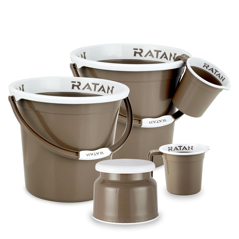 RATAN PLASTICWARE Plastic Bathroom Set of 5 Pieces Combo Pack Gloria Plain 25 Liters 2 Pieces Bucket Nova Stool Patla 107 Two Gloria Plain Bath Mug 15 Liters Color Light Brown - Image 1