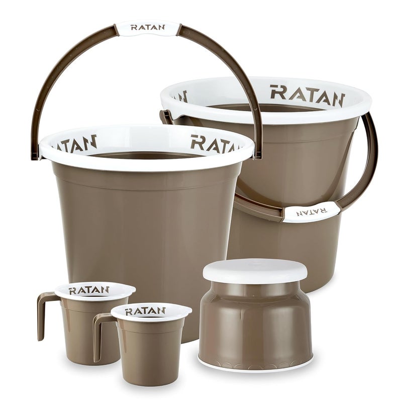 RATAN PLASTICWARE Plastic Bathroom Set of 5 Pieces Combo Pack Gloria Plain 25 Liters 2 Pieces Bucket Nova Stool Patla 107 Two Gloria Plain Bath Mug 15 Liters Color Light Brown - Image 2