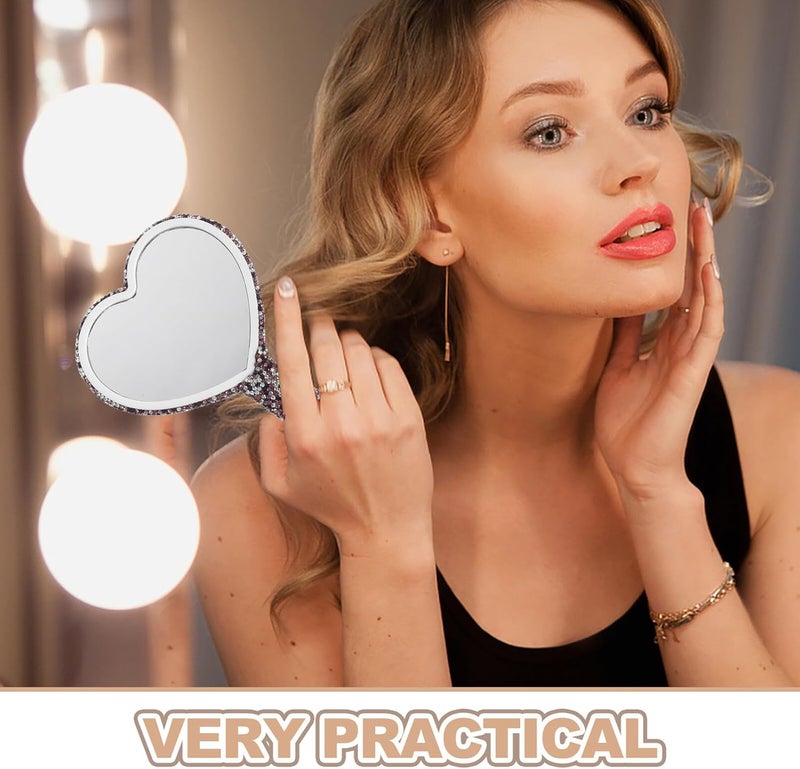 IMIKEYA Rhinestone Heart Shaped Handheld Travel Makeup Mirror Portable Small Glitter Cosmetic Pocket Mirror for Women Valentine’s Day Outdoor Use - Image 3