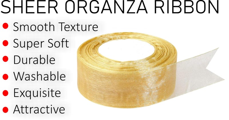 IMPRINT Light Golden Sheer Organza Chiffon Ribbon, 1.5 inch Width, 35 Meters Length, for Gift Wrapping, Crafts - Image 4