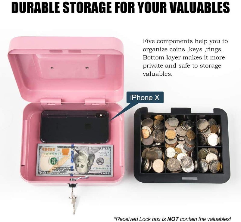 xydled Locking Steel Large Cash Box with Removable Coin Tray and Key Lock,9.84"x 7.87"x 3.54",Pink - Image 4