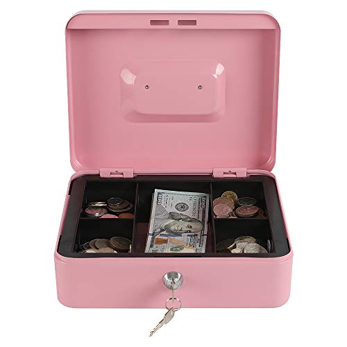 xydled Locking Steel Large Cash Box with Removable Coin Tray and Key Lock,9.84"x 7.87"x 3.54",Pink - Image 2