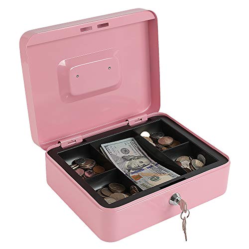 xydled Locking Steel Large Cash Box with Removable Coin Tray and Key Lock,9.84"x 7.87"x 3.54",Pink - Image 1
