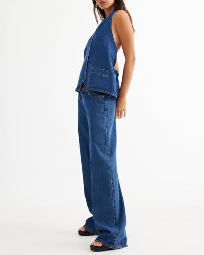 Fisoew Women's Two Piece Denim Set Button Down Backless Tank Top and Wide Leg Jeans 2 Piece Outfit Suits - Image 2