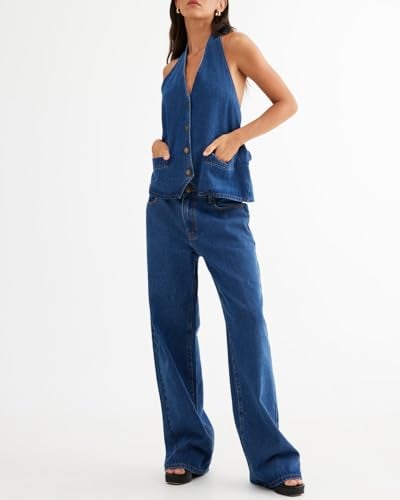 Fisoew Women's Two Piece Denim Set Button Down Backless Tank Top and Wide Leg Jeans 2 Piece Outfit Suits - Image 3