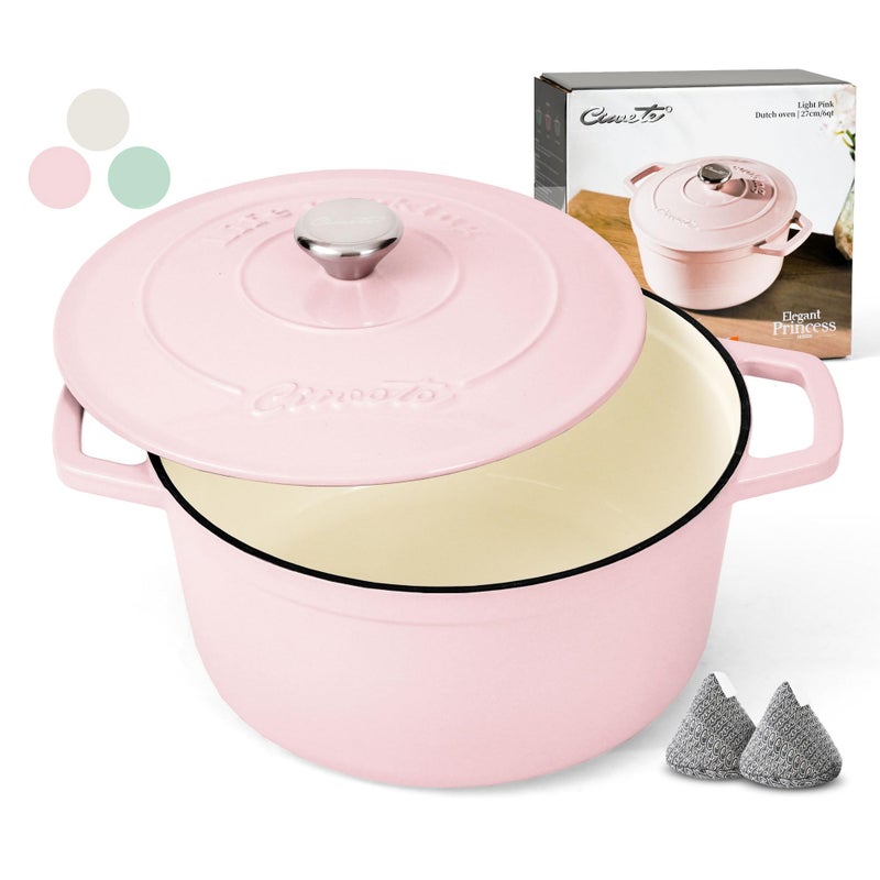 Ciwete 6 QT Dutch Oven Pot with Lid Enameled Cast Iron Dutch Oven for Bread Making Braiser Cooking Dual Handles Oven Safe up to 500 F or on Stovetop Gifts for Family  Pink